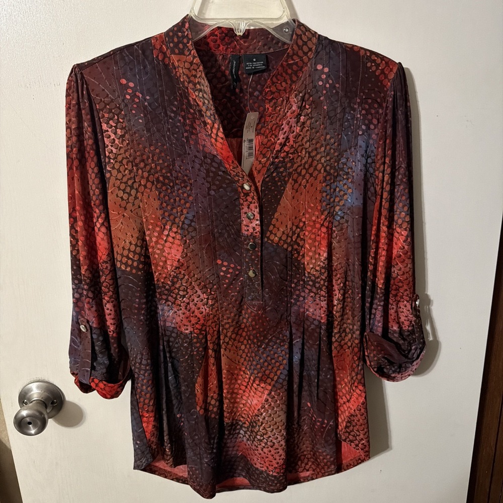 New Directions Women's Roll Tab Sleeves Split V-Neck Tunic Top (S) NWT